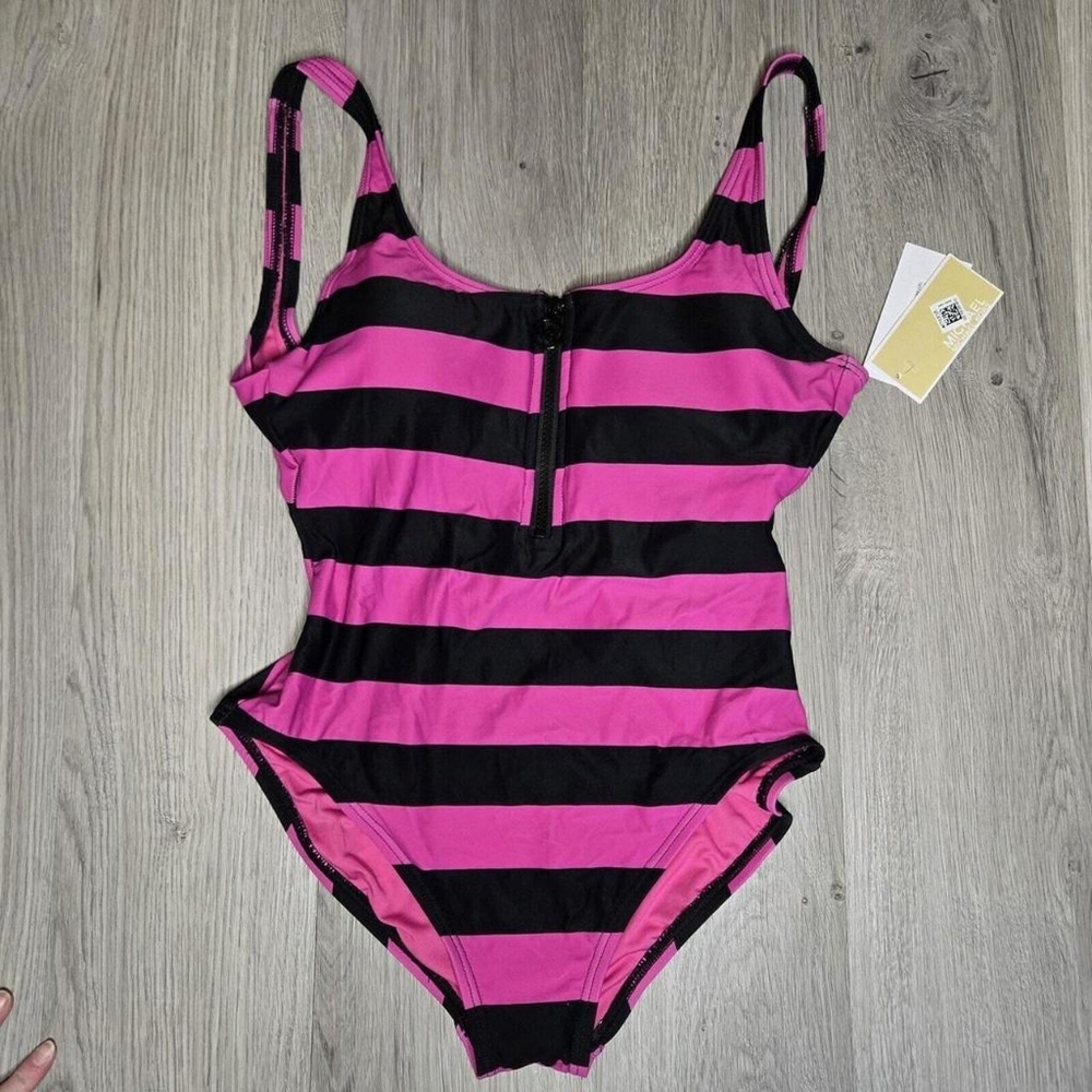 Michael Kors Women's Pink and Black Classic Zip-Front Swimsuit-one-piece